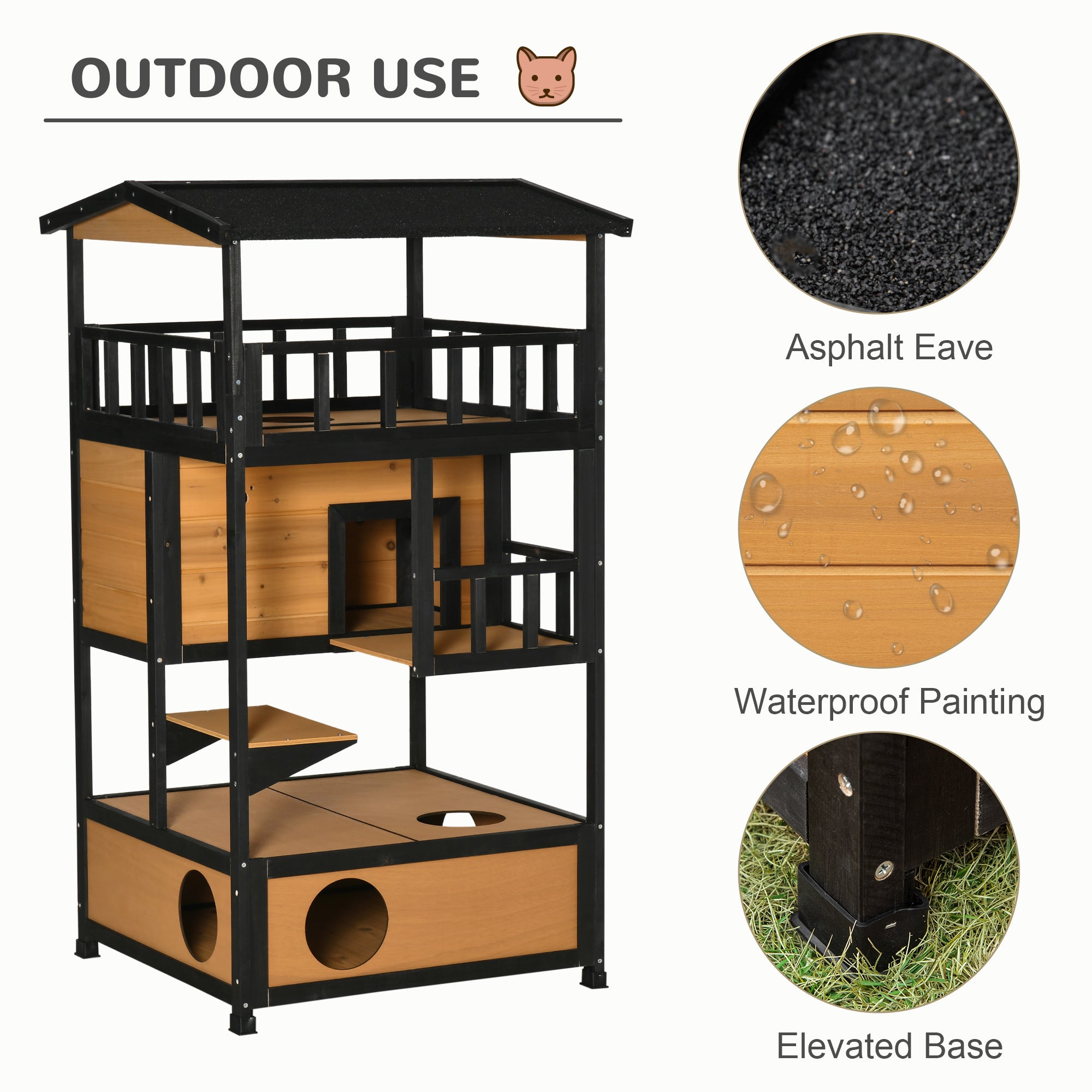 4-Story Wood Outdoor Cat House Catio - Natural Fir Wood-DECOROLALA