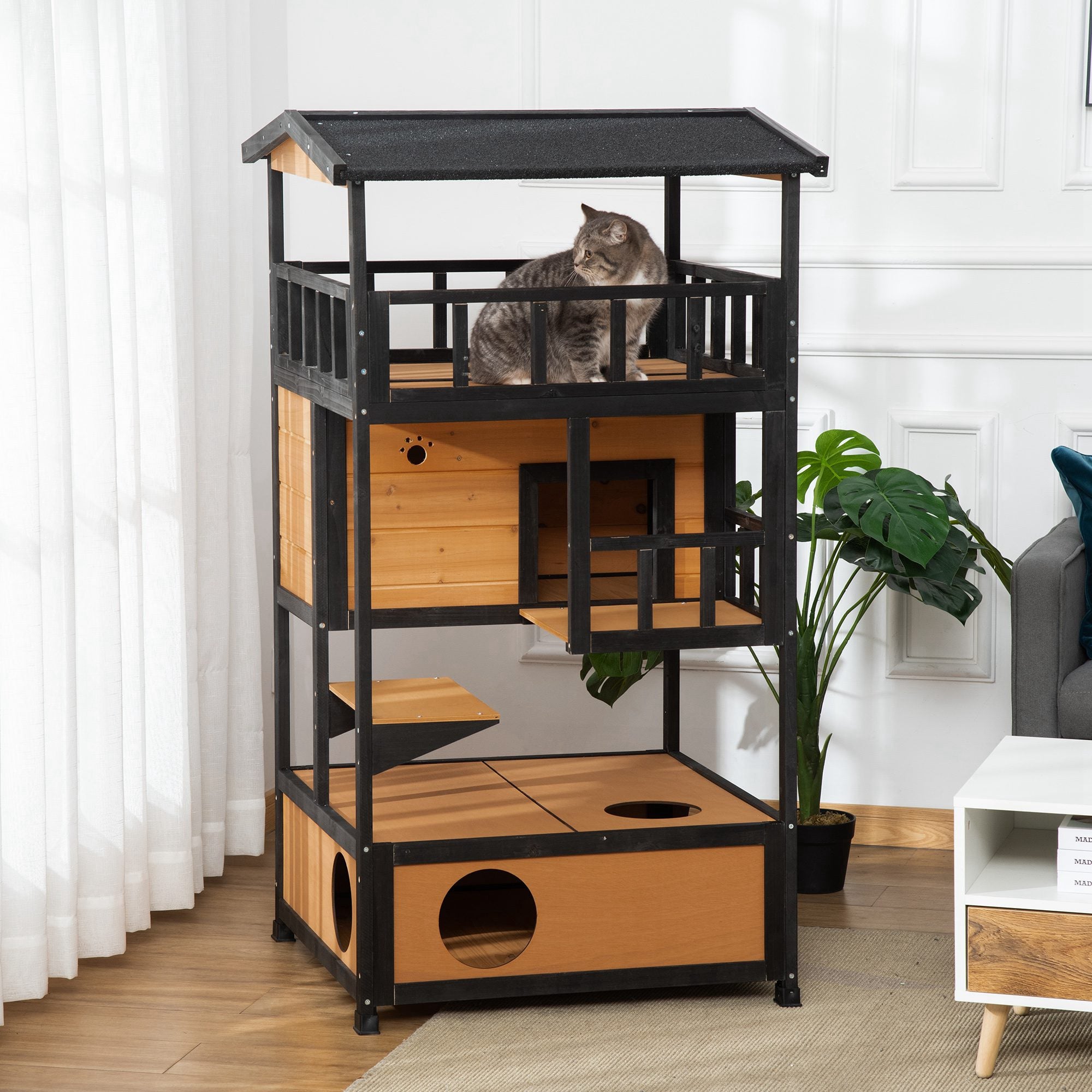 4-Story Wood Outdoor Cat House Catio - Natural Fir Wood-DECOROLALA