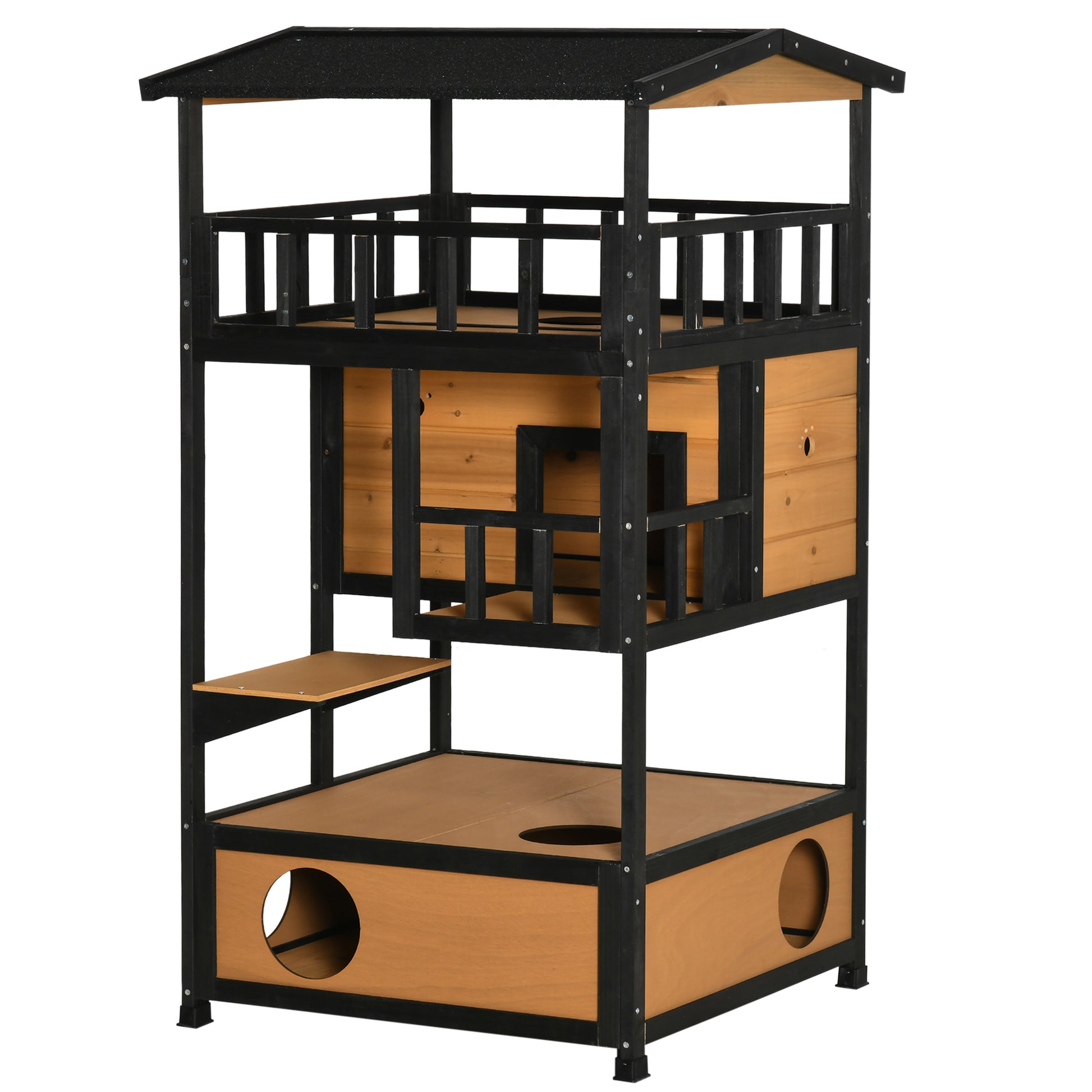 4-Story Wood Outdoor Cat House Catio - Natural Fir Wood-DECOROLALA