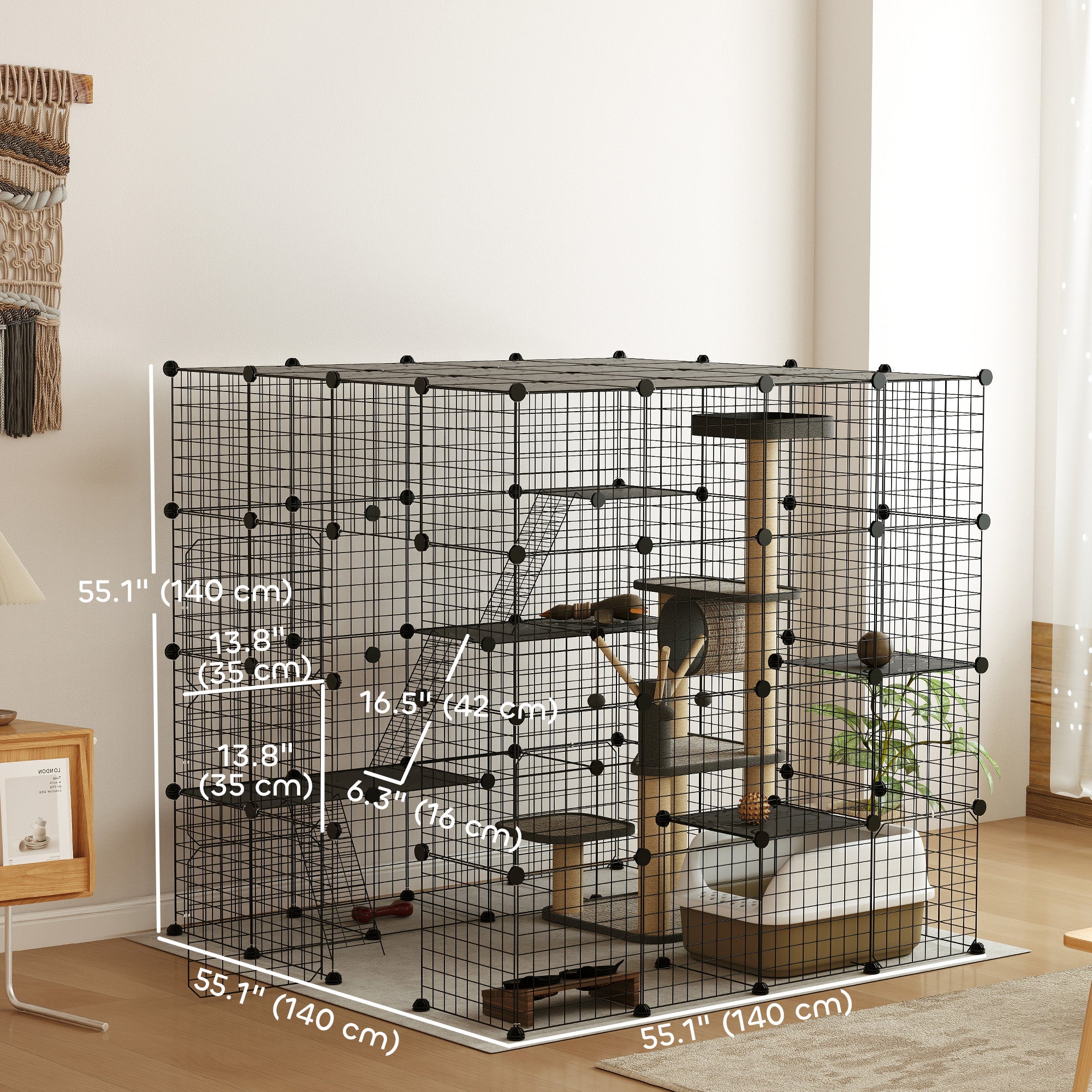 4-Tier 55" Cat Cage Indoor with Platforms, Ramps, Accessories, for 1-3 Cats, Indoor Use, Black-Cats-DECOROLALA