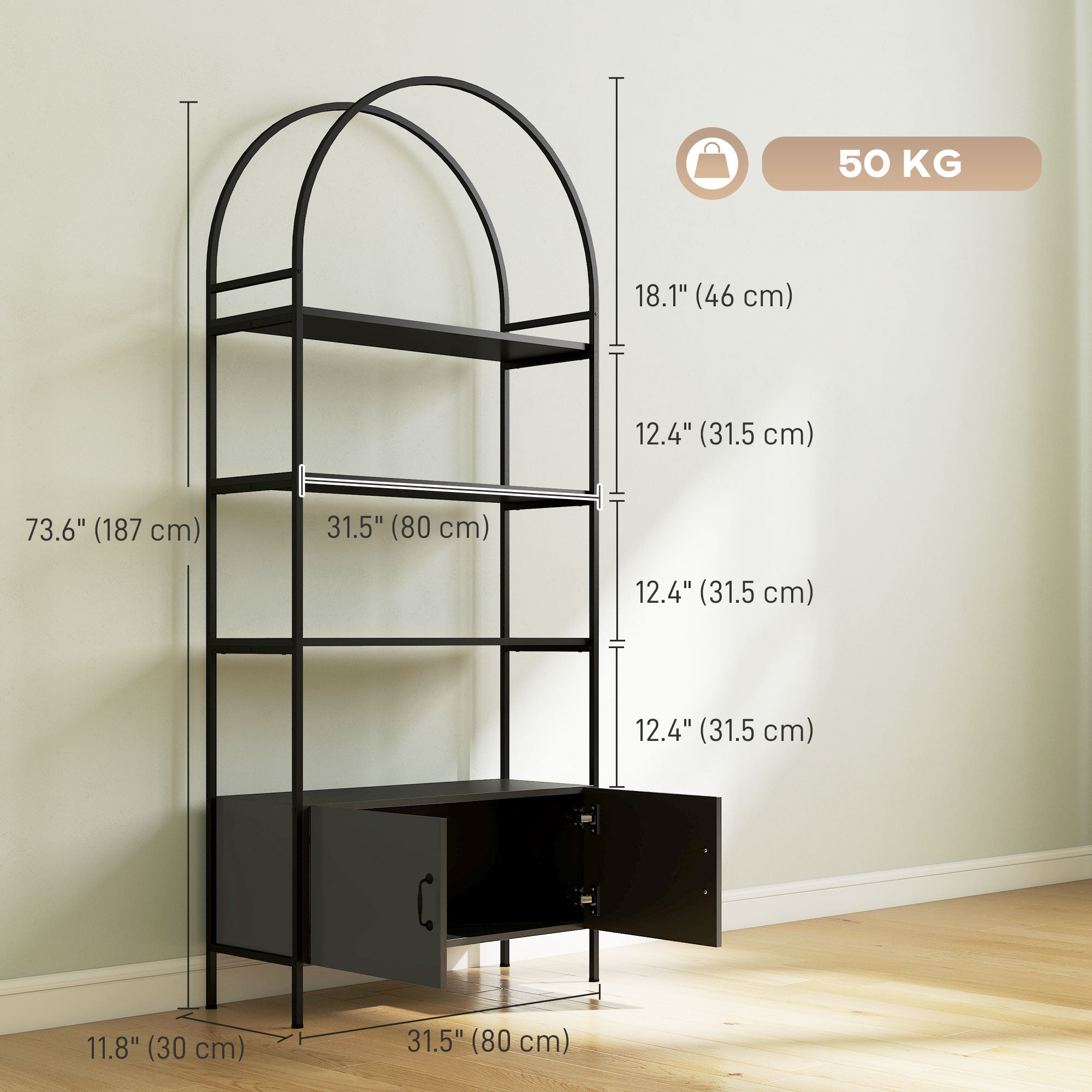4-Tier Arched Shelving Unit with Cabinet - Black 73.6" H-Home Furnishings > Storage & Organization-DECOROLALA