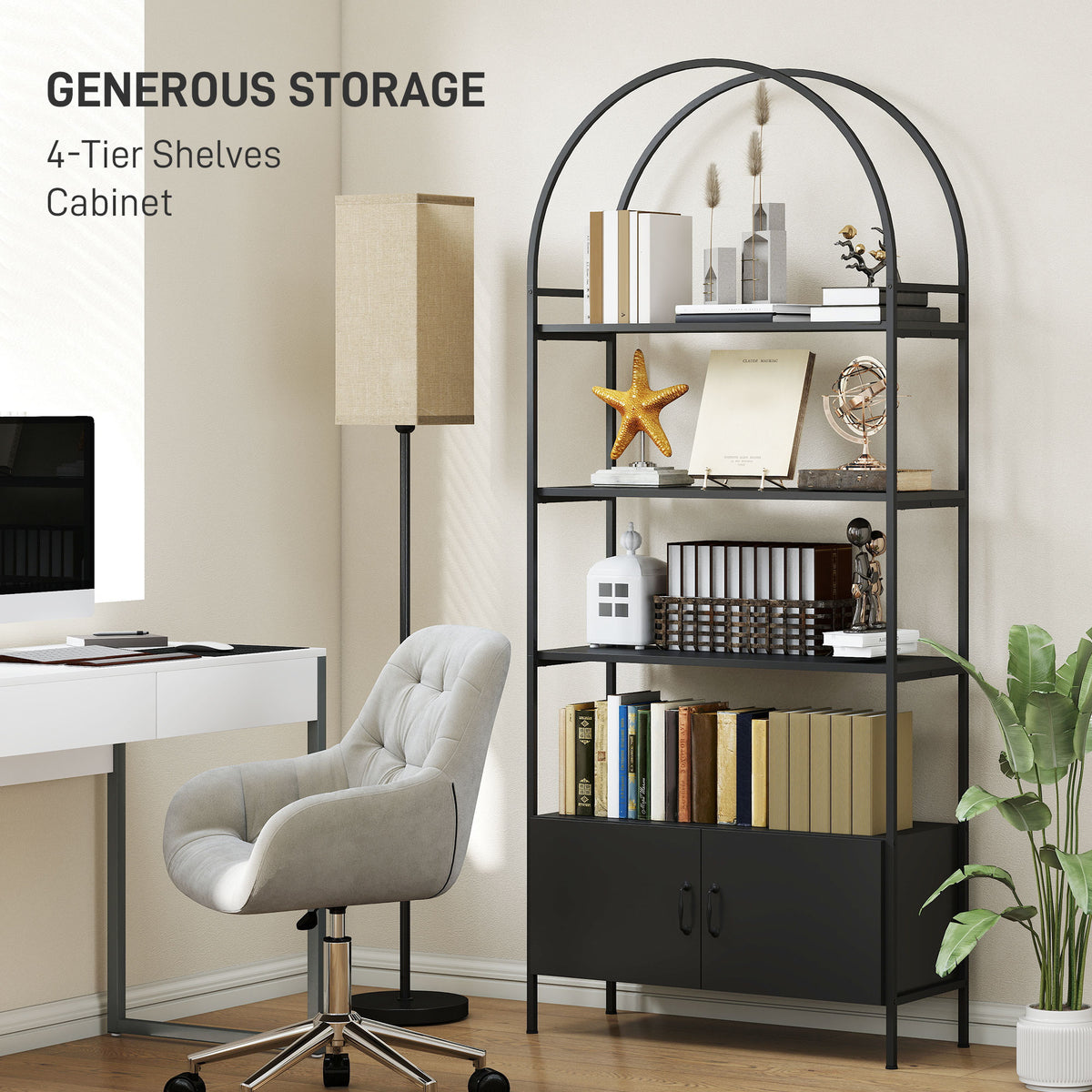 4-Tier Arched Shelving Unit with Cabinet - Black 73.6" H-Home Furnishings > Storage & Organization-DECOROLALA