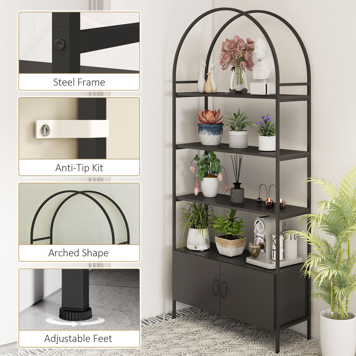 4-Tier Arched Shelving Unit with Cabinet - Black 73.6" H-Home Furnishings > Storage & Organization-DECOROLALA