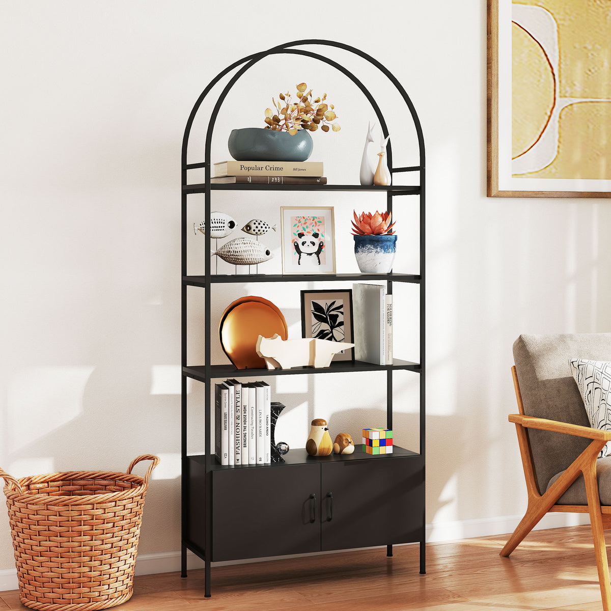 4-Tier Arched Shelving Unit with Cabinet - Black 73.6" H-Home Furnishings > Storage & Organization-DECOROLALA