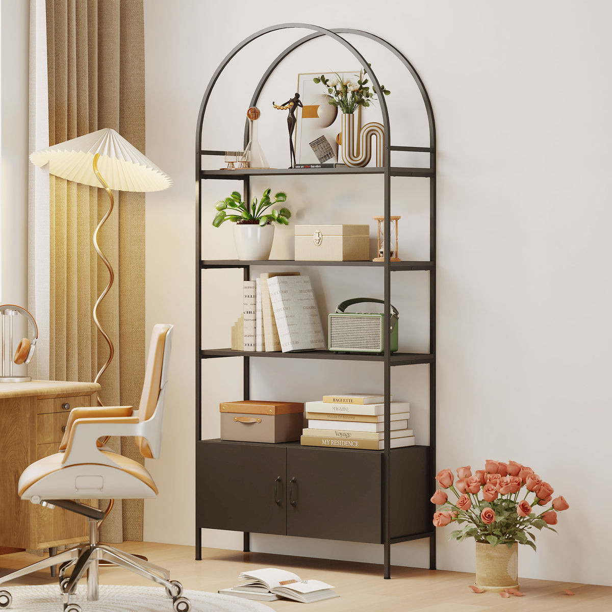 4-Tier Arched Shelving Unit with Cabinet - Black 73.6" H-Home Furnishings > Storage & Organization-DECOROLALA
