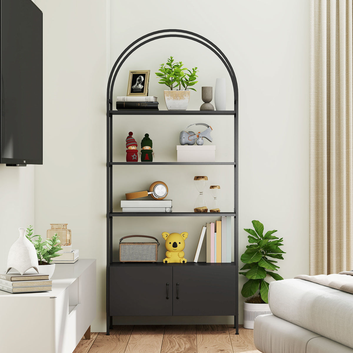 4-Tier Arched Shelving Unit with Cabinet - Black 73.6" H-Home Furnishings > Storage & Organization-DECOROLALA
