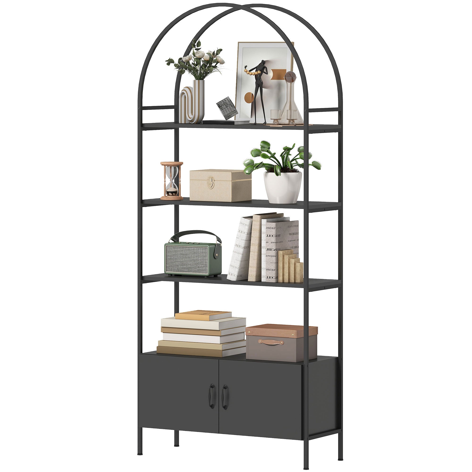4-Tier Arched Shelving Unit with Cabinet - Black 73.6" H-Home Furnishings > Storage & Organization-DECOROLALA
