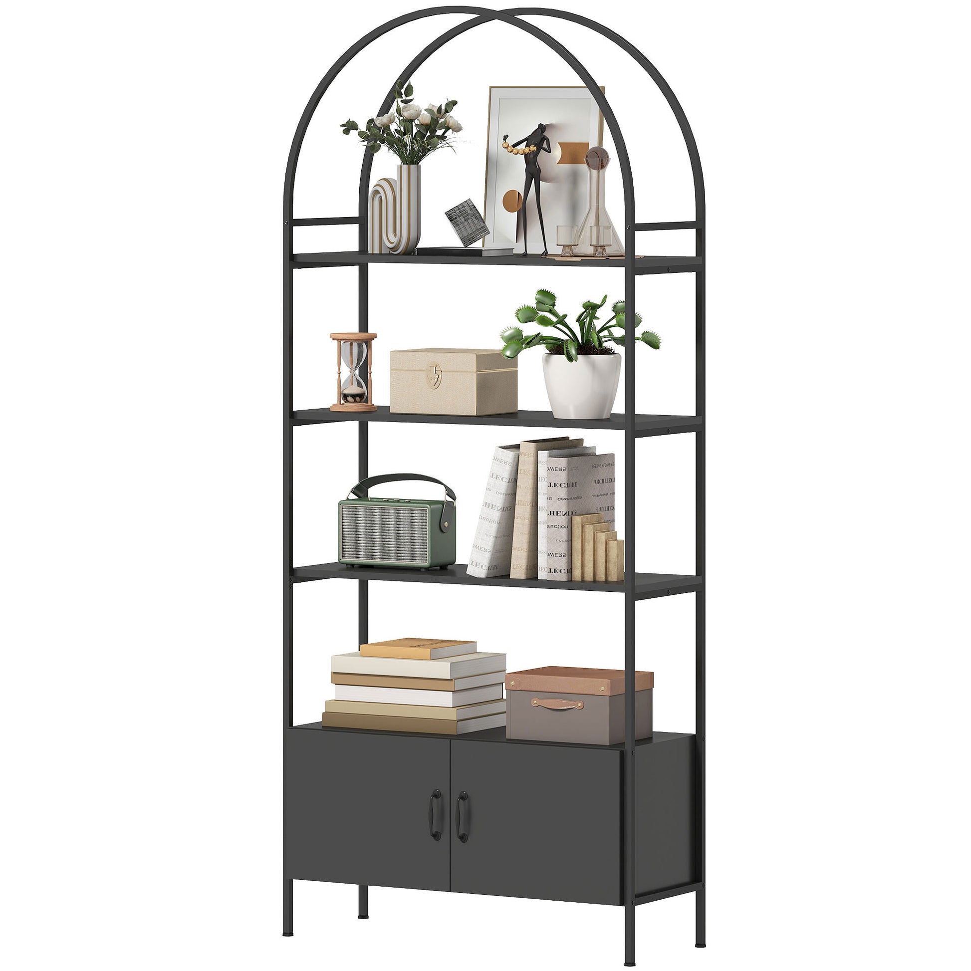 4-Tier Arched Shelving Unit with Cabinet, Bookshelf for Living Room, Office, 31.5" x 11.8" x 73.6", Black-Home Furnishings > Storage & Organization-DECOROLALA