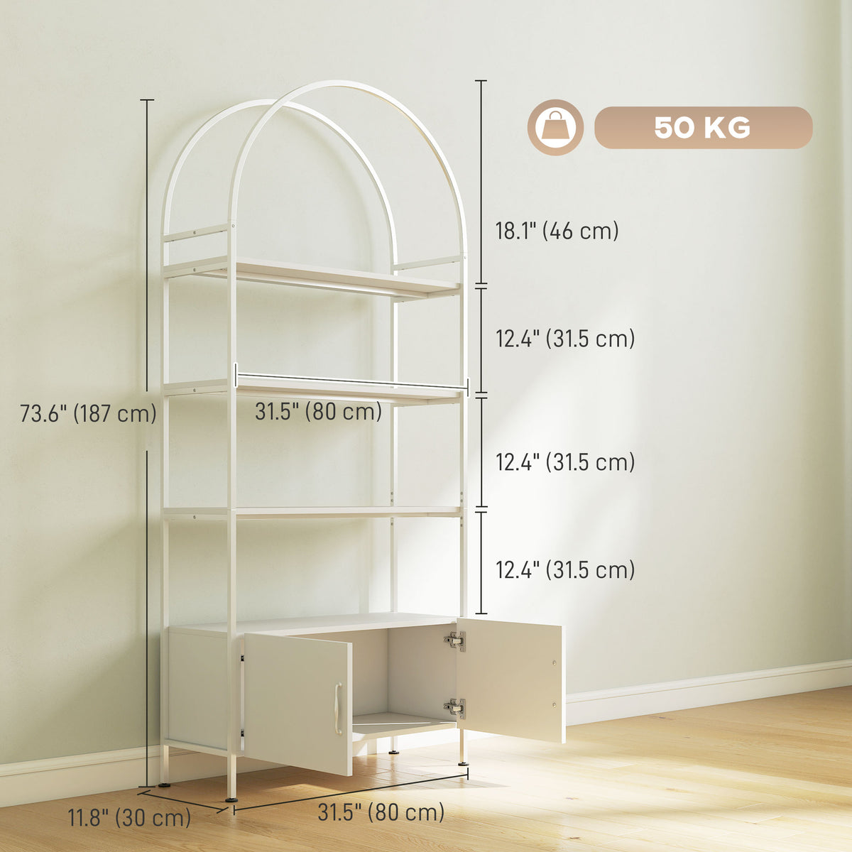 4-Tier Arched Shelving Unit with Cabinet - White 73.6" H-Home Furnishings > Storage & Organization-DECOROLALA