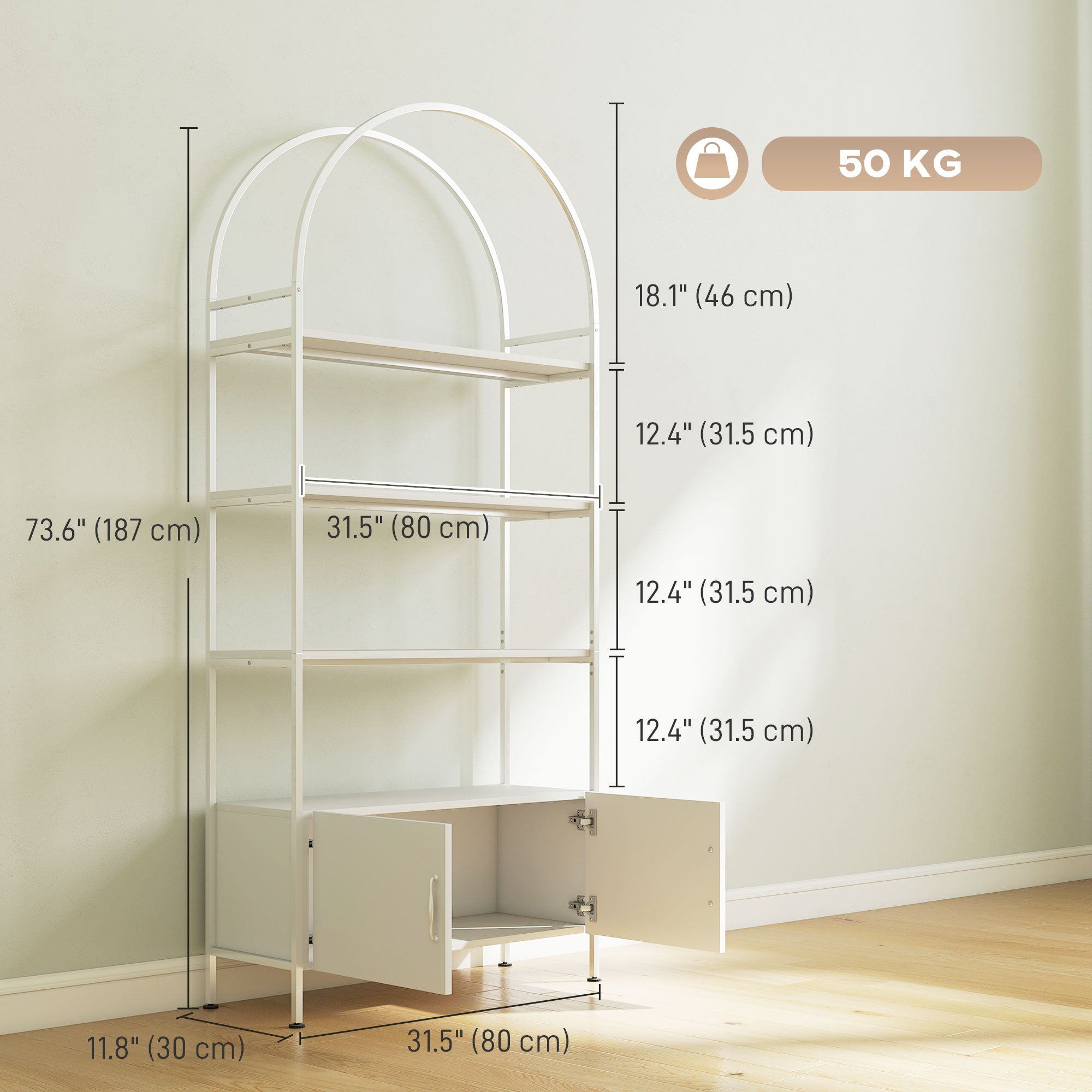 4-Tier Arched Shelving Unit with Cabinet - White 73.6" H-Home Furnishings > Storage & Organization-DECOROLALA