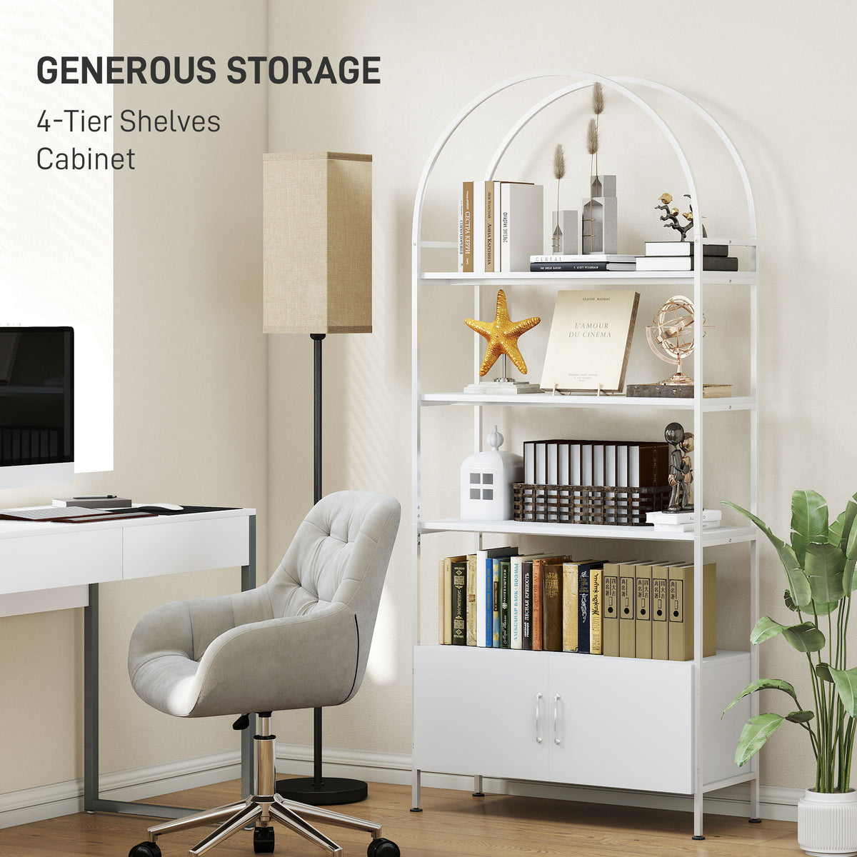 4-Tier Arched Shelving Unit with Cabinet - White 73.6" H-Home Furnishings > Storage & Organization-DECOROLALA