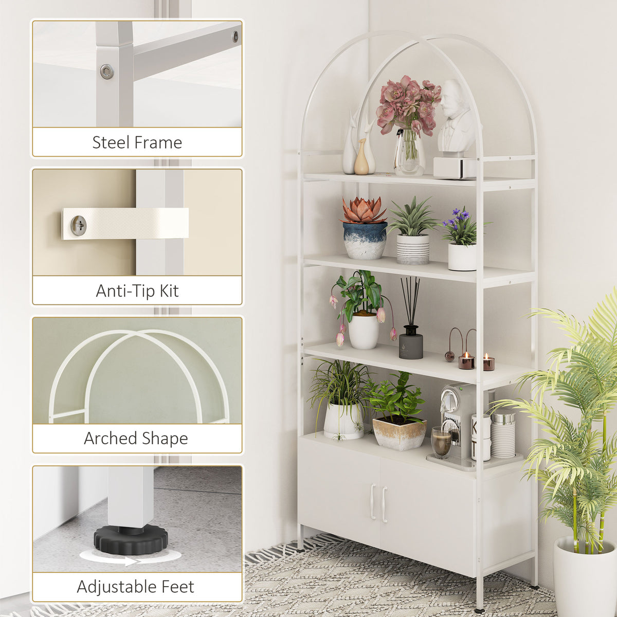 4-Tier Arched Shelving Unit with Cabinet - White 73.6" H-Home Furnishings > Storage & Organization-DECOROLALA