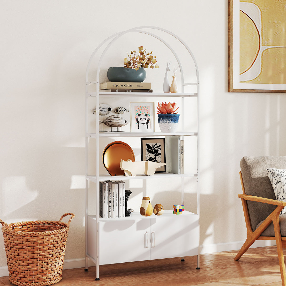 4-Tier Arched Shelving Unit with Cabinet - White 73.6" H-Home Furnishings > Storage & Organization-DECOROLALA