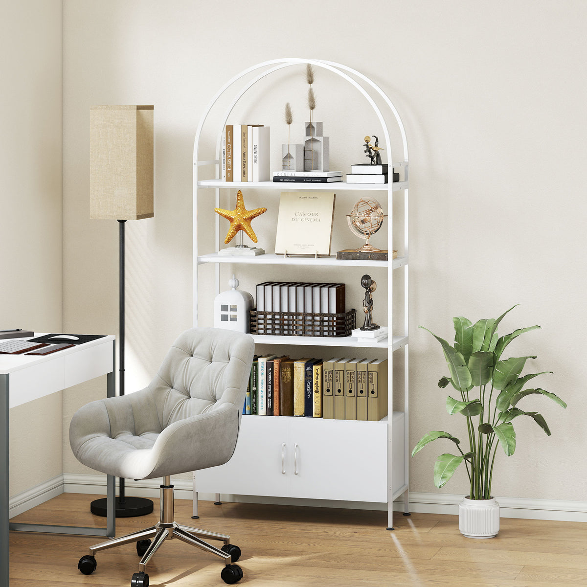 4-Tier Arched Shelving Unit with Cabinet - White 73.6" H-Home Furnishings > Storage & Organization-DECOROLALA