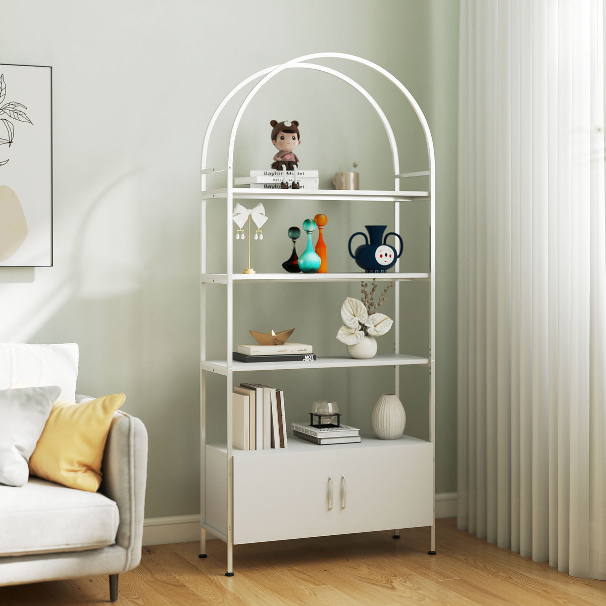 4-Tier Arched Shelving Unit with Cabinet - White 73.6" H-Home Furnishings > Storage & Organization-DECOROLALA