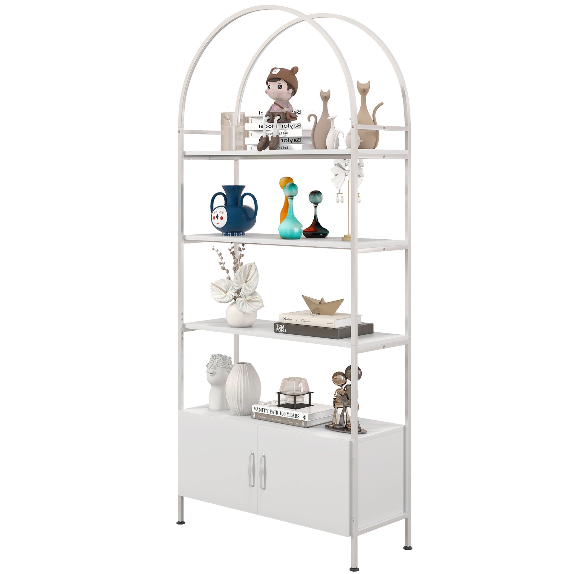 4-Tier Arched Shelving Unit with Cabinet - White 73.6" H-Home Furnishings > Storage & Organization-DECOROLALA