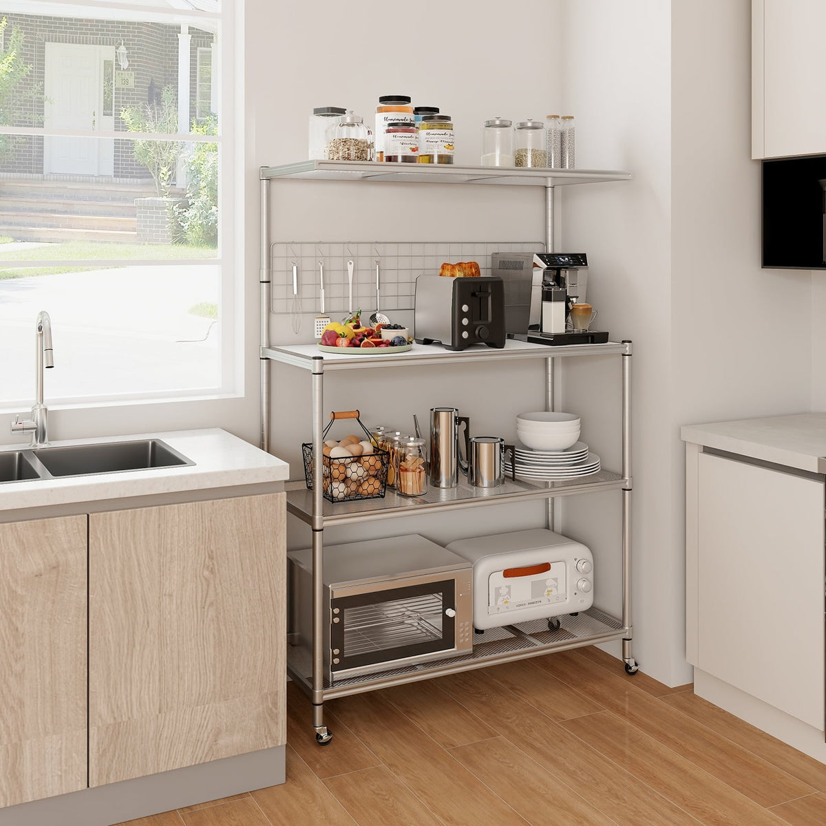4-Tier Bakers Rack on Wheels with Adjustable Shelves-Silver-Baker’s Racks-DECOROLALA