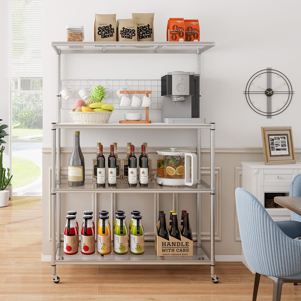 4-Tier Bakers Rack on Wheels with Adjustable Shelves-Silver-Baker’s Racks-DECOROLALA