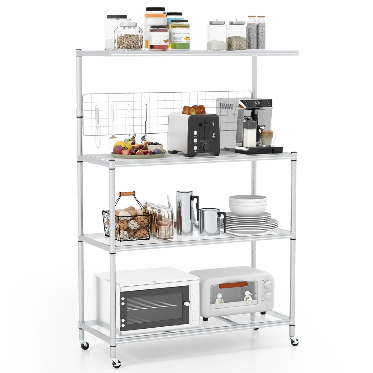 4-Tier Bakers Rack on Wheels with Adjustable Shelves-Silver-Baker’s Racks-DECOROLALA