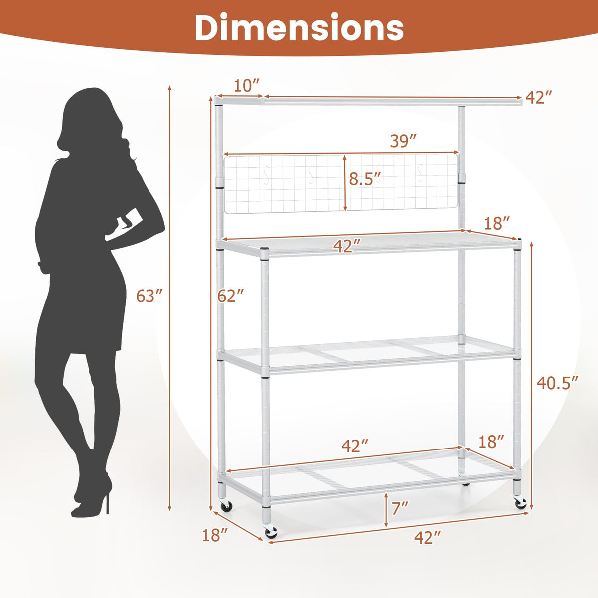 4-Tier Bakers Rack on Wheels with Adjustable Shelves-Silver-Baker’s Racks-DECOROLALA