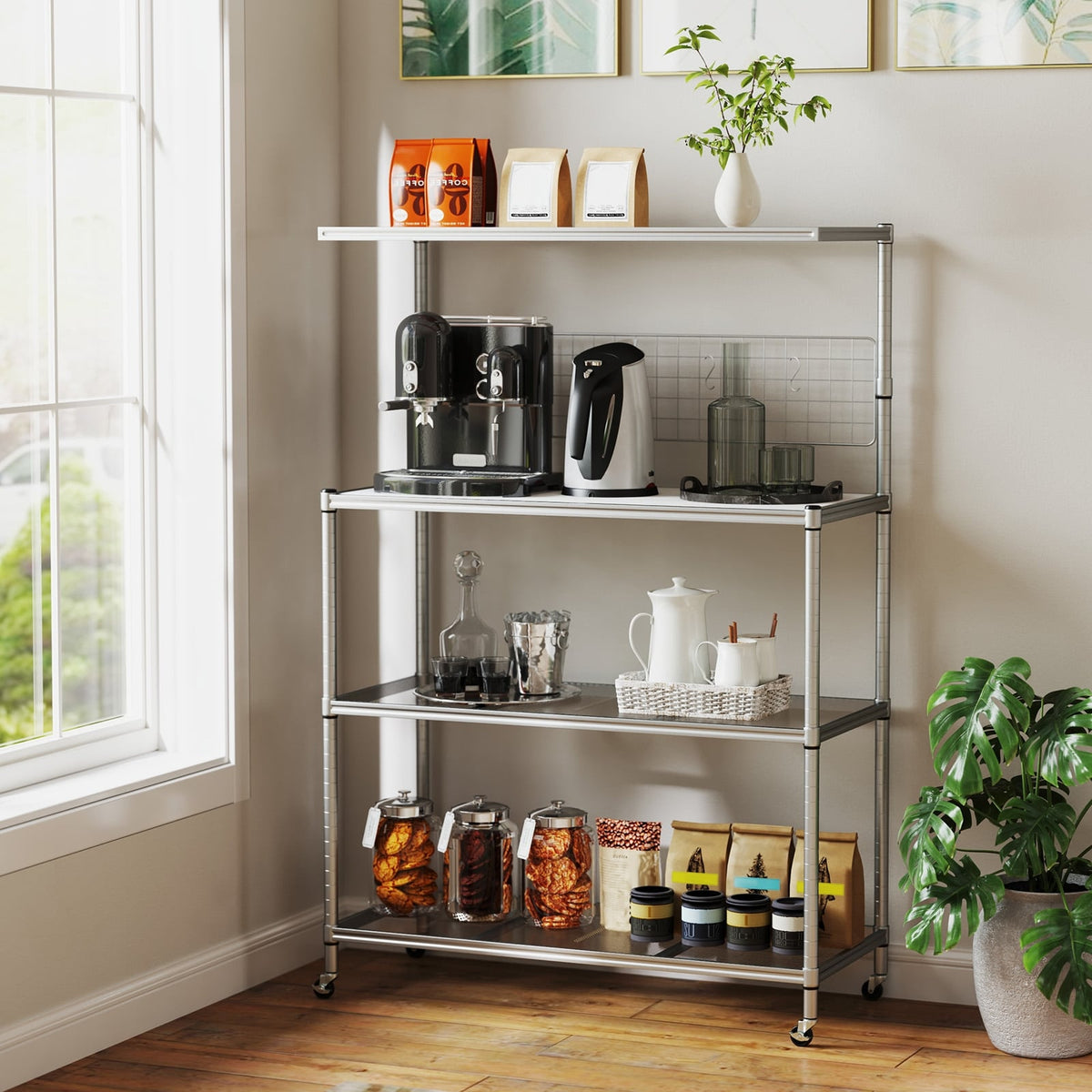 4-Tier Bakers Rack on Wheels with Adjustable Shelves-Silver-Baker’s Racks-DECOROLALA