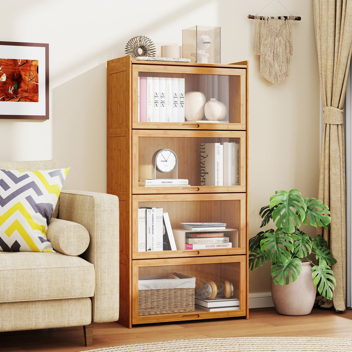 4-Tier Bamboo Bookcase with Doors for Study Room Living Room-Natural-Bookcases-DECOROLALA