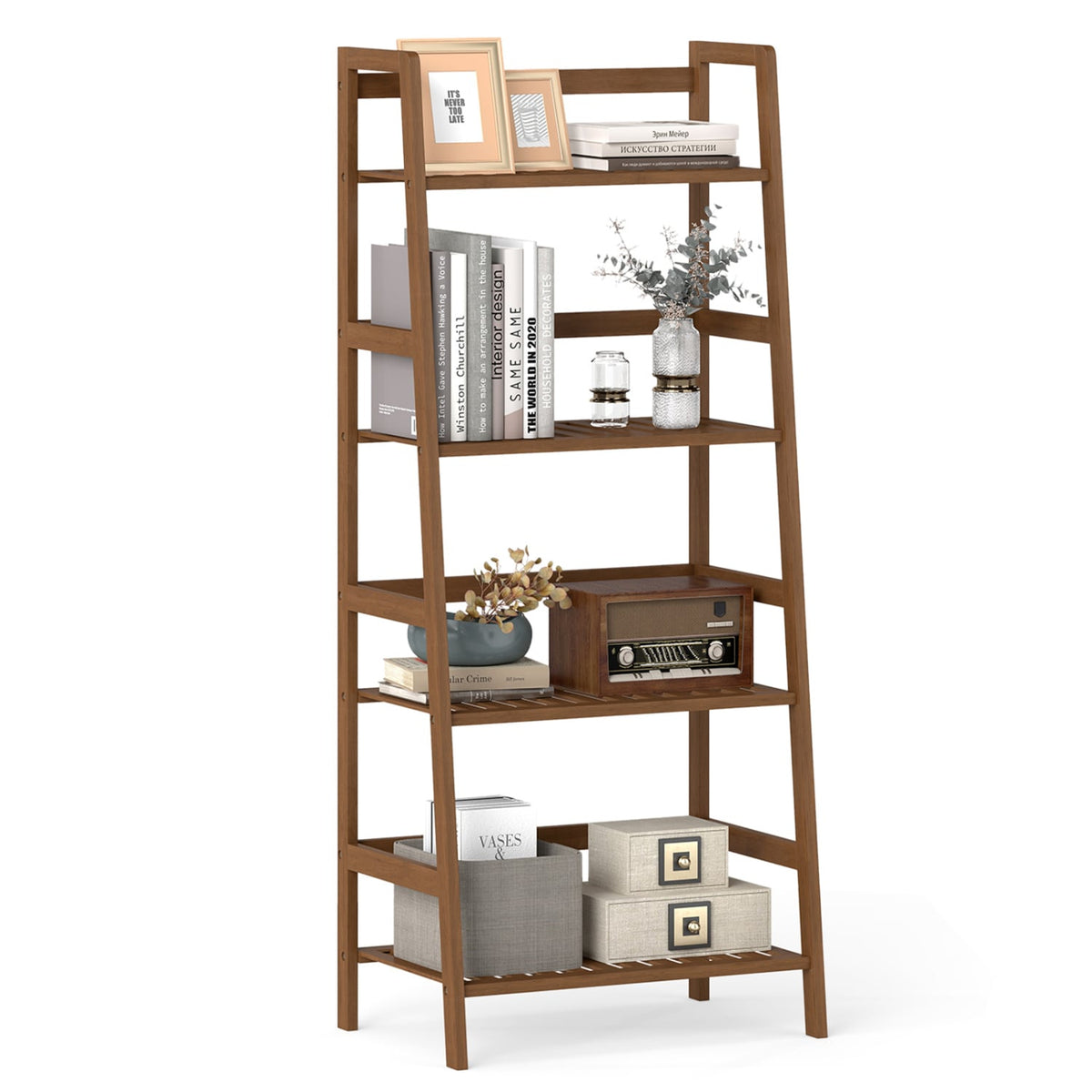 4-Tier Bamboo Plant Rack with Guardrails Stable and Space-Saving-Walnut-Plant Stands-DECOROLALA