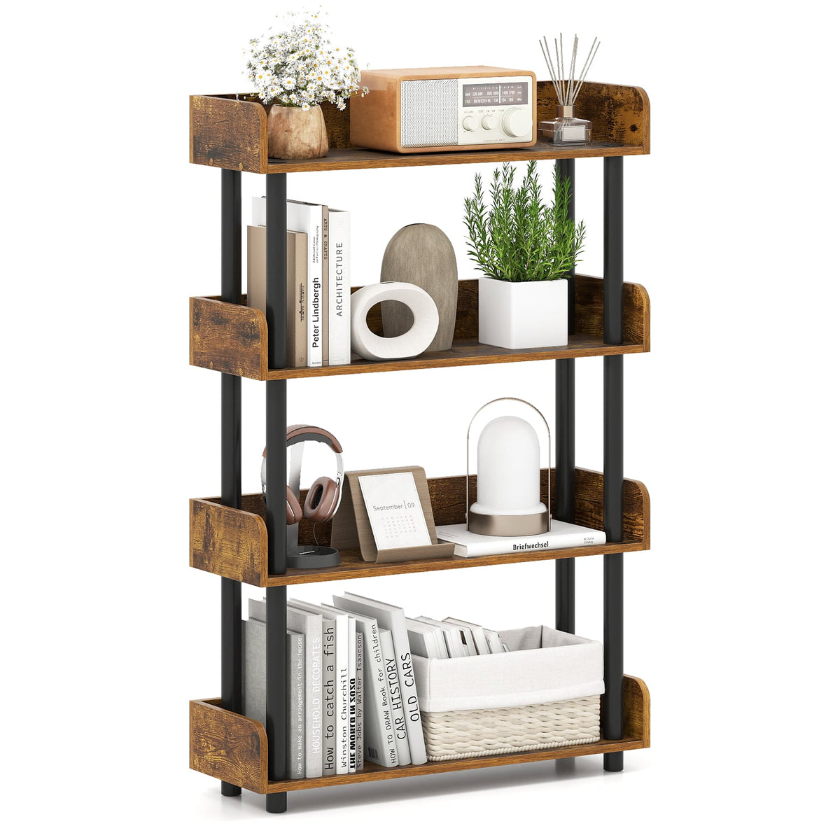 4-Tier Bookshelf Open Bookcase with Anti-Tipping Kit Industrial Storage Unit-Rustic Brown-Bookcases-DECOROLALA