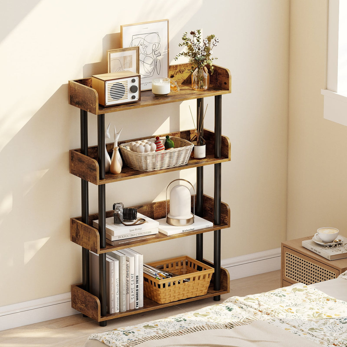 4-Tier Bookshelf Open Bookcase with Anti-Tipping Kit Industrial Storage Unit-Rustic Brown-Bookcases-DECOROLALA