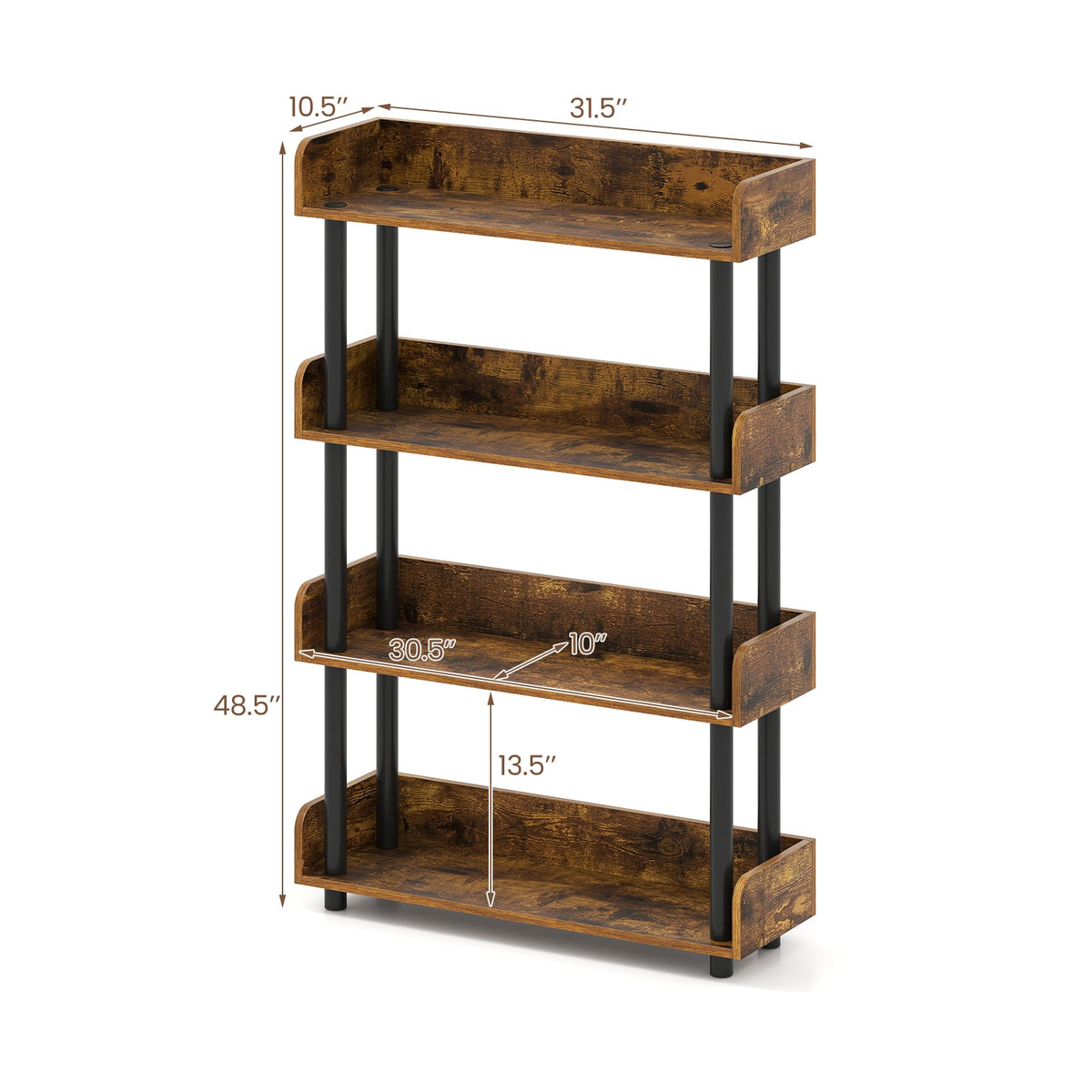 4-Tier Bookshelf Open Bookcase with Anti-Tipping Kit Industrial Storage Unit-Rustic Brown-Bookcases-DECOROLALA