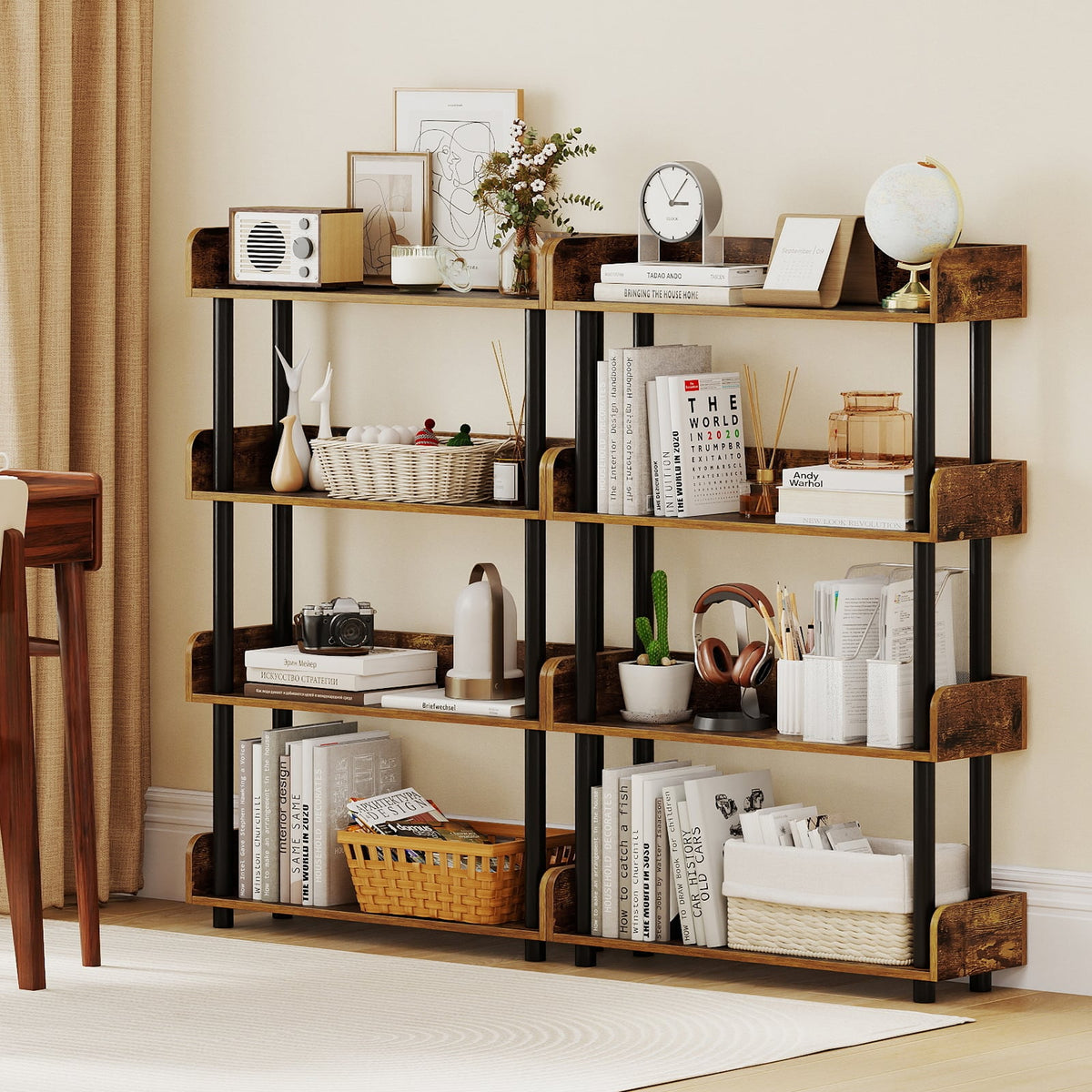 4-Tier Bookshelf Open Bookcase with Anti-Tipping Kit Industrial Storage Unit-Rustic Brown-Bookcases-DECOROLALA