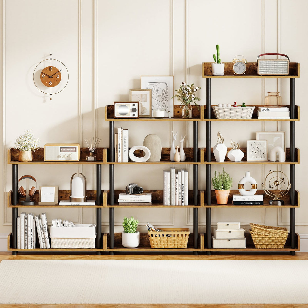4-Tier Bookshelf Open Bookcase with Anti-Tipping Kit Industrial Storage Unit-Rustic Brown-Bookcases-DECOROLALA