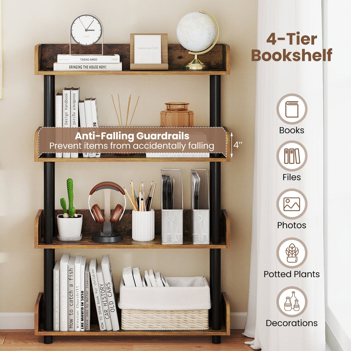 4-Tier Bookshelf Open Bookcase with Anti-Tipping Kit Industrial Storage Unit-Rustic Brown-Bookcases-DECOROLALA