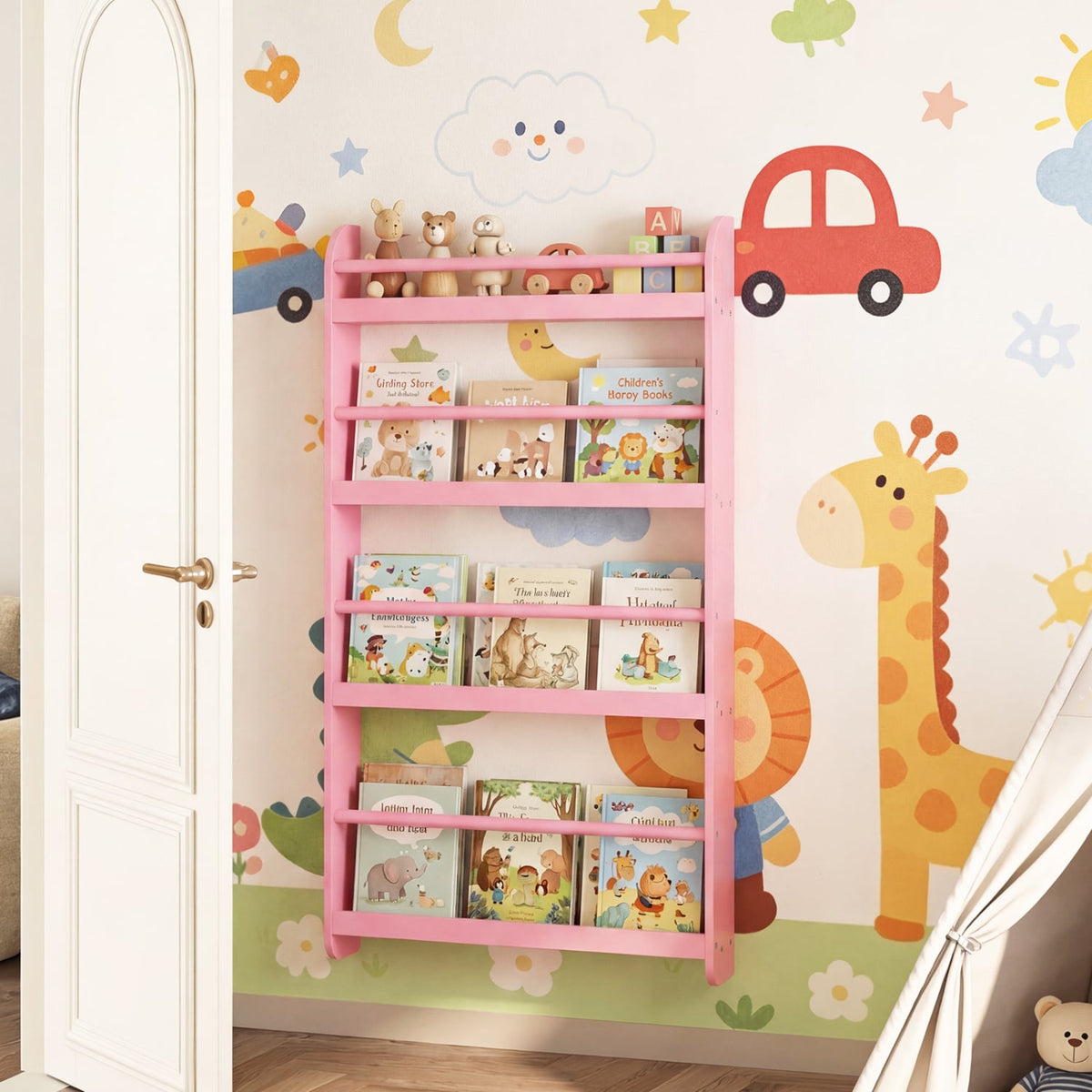 4-Tier Bookshelf Organizer for Toys and Books with Basswood Crossbar-Pink-Bookcases-DECOROLALA