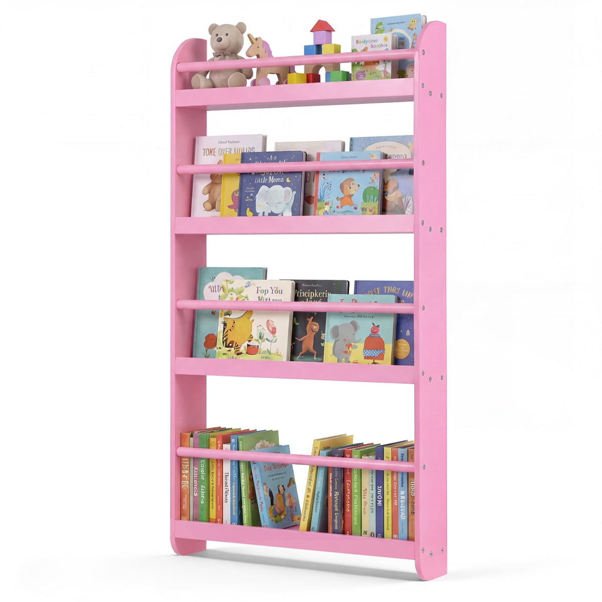4-Tier Bookshelf Organizer for Toys and Books with Basswood Crossbar-Pink-Bookcases-DECOROLALA