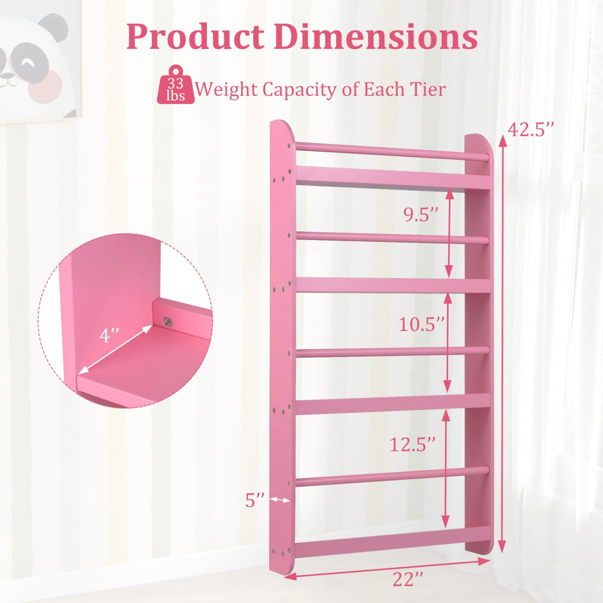 4-Tier Bookshelf Organizer for Toys and Books with Basswood Crossbar-Pink-Bookcases-DECOROLALA