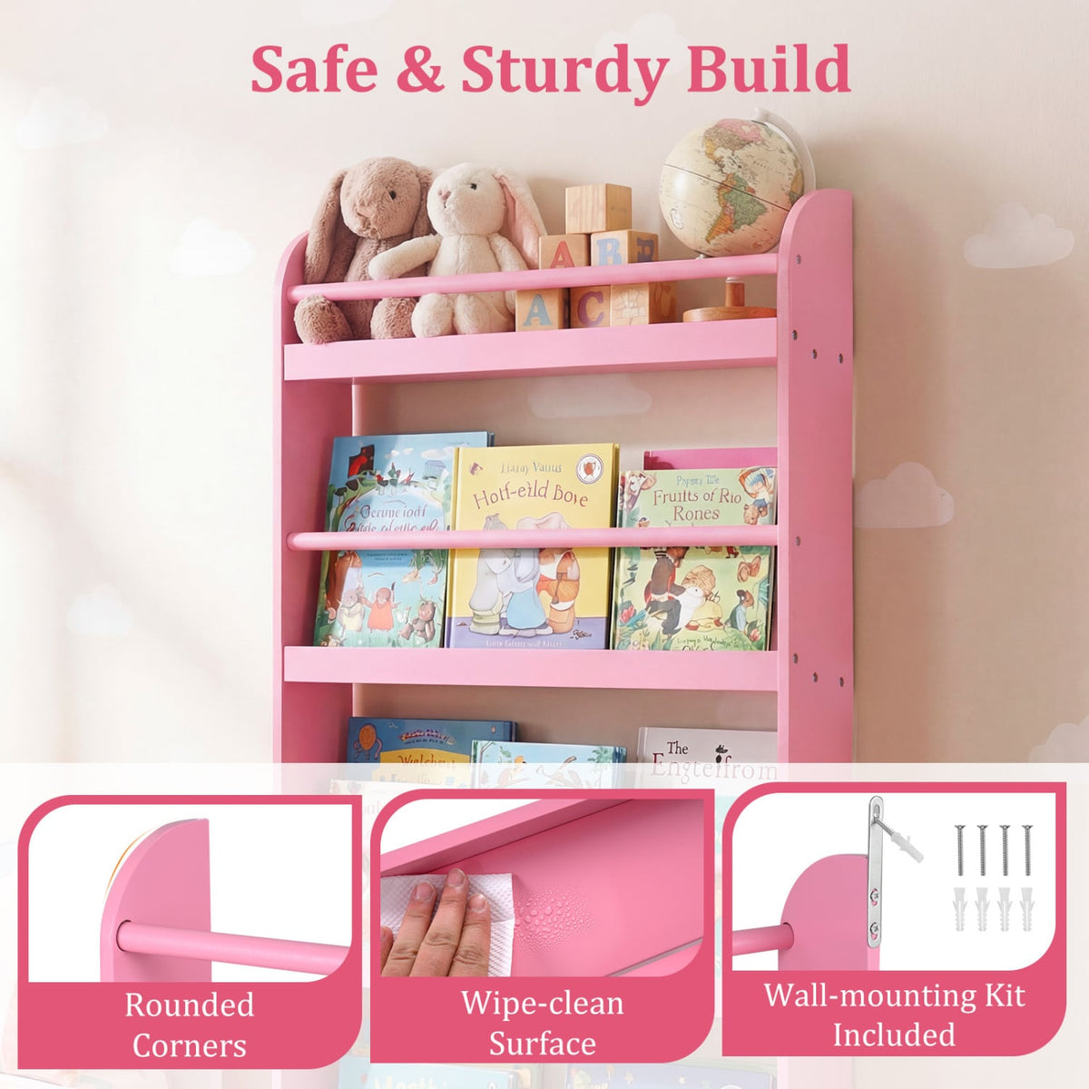 4-Tier Bookshelf Organizer for Toys and Books with Basswood Crossbar-Pink-Bookcases-DECOROLALA