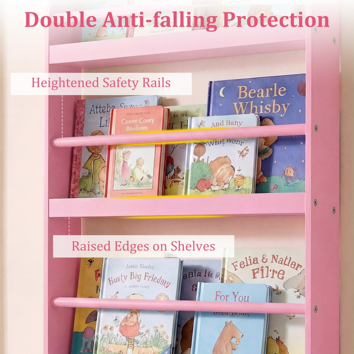 4-Tier Bookshelf Organizer for Toys and Books with Basswood Crossbar-Pink-Bookcases-DECOROLALA