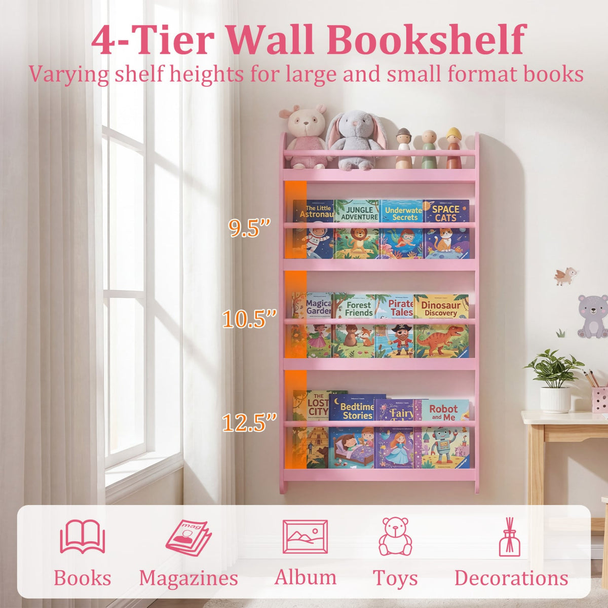 4-Tier Bookshelf Organizer for Toys and Books with Basswood Crossbar-Pink-Bookcases-DECOROLALA