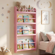 4-Tier Bookshelf Organizer for Toys and Books with Basswood Crossbar-Pink-Bookcases-DECOROLALA