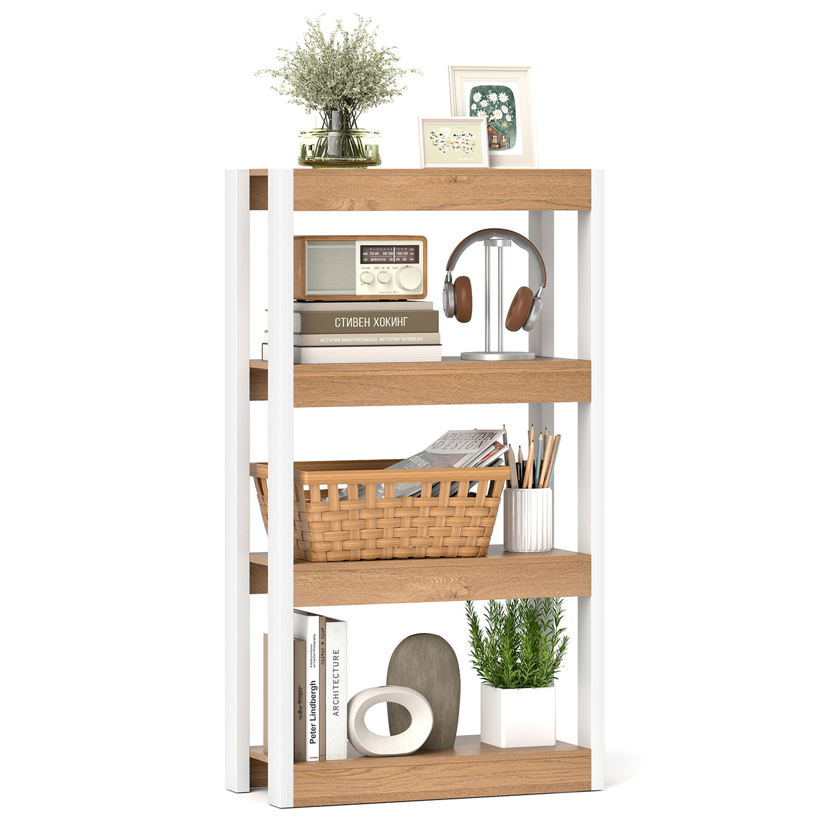 4 Tier Bookshelf Wooden Bookcase with Dual Anti-Tipping Kits-Natural-Bookcases-DECOROLALA