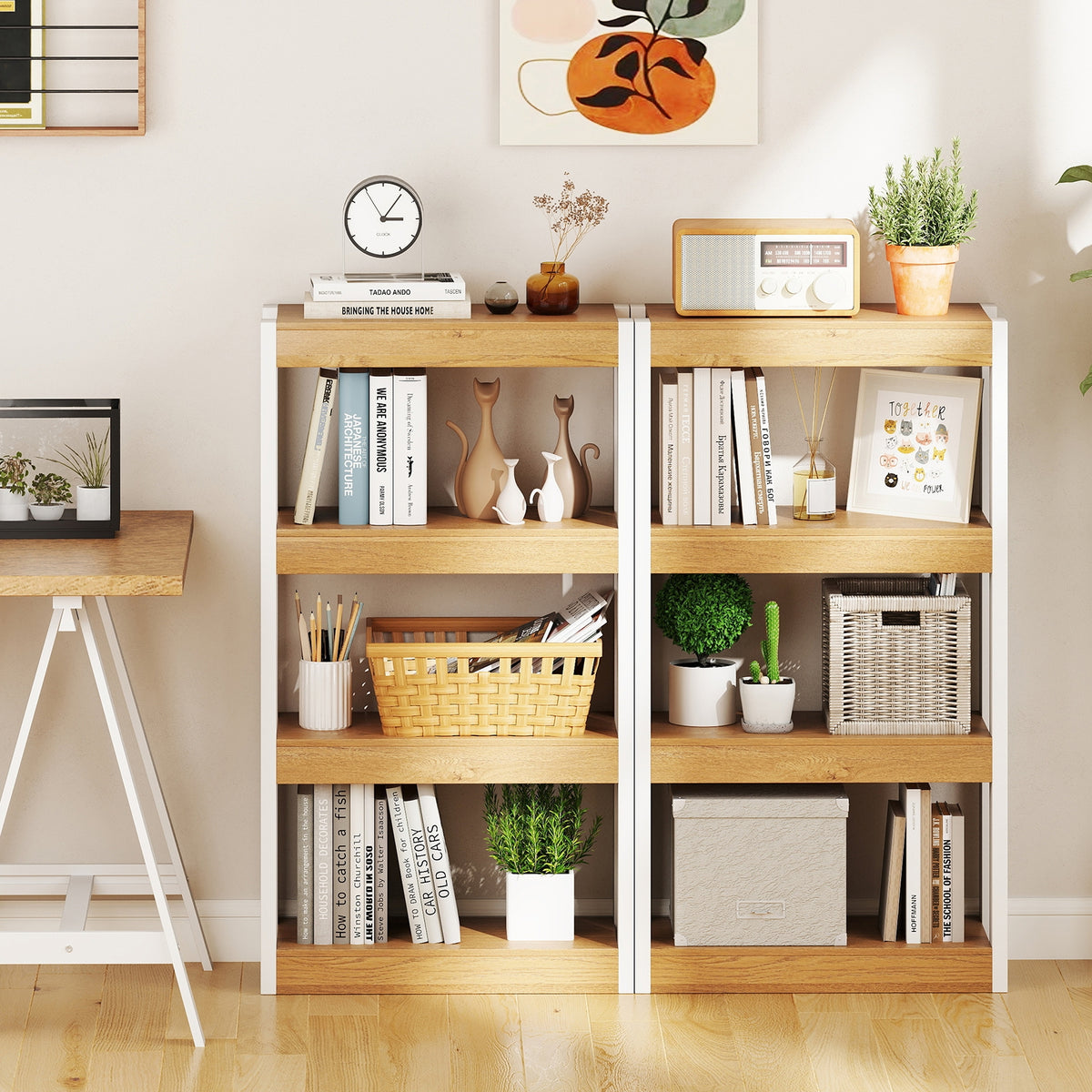 4 Tier Bookshelf Wooden Bookcase with Dual Anti-Tipping Kits-Natural-Bookcases-DECOROLALA