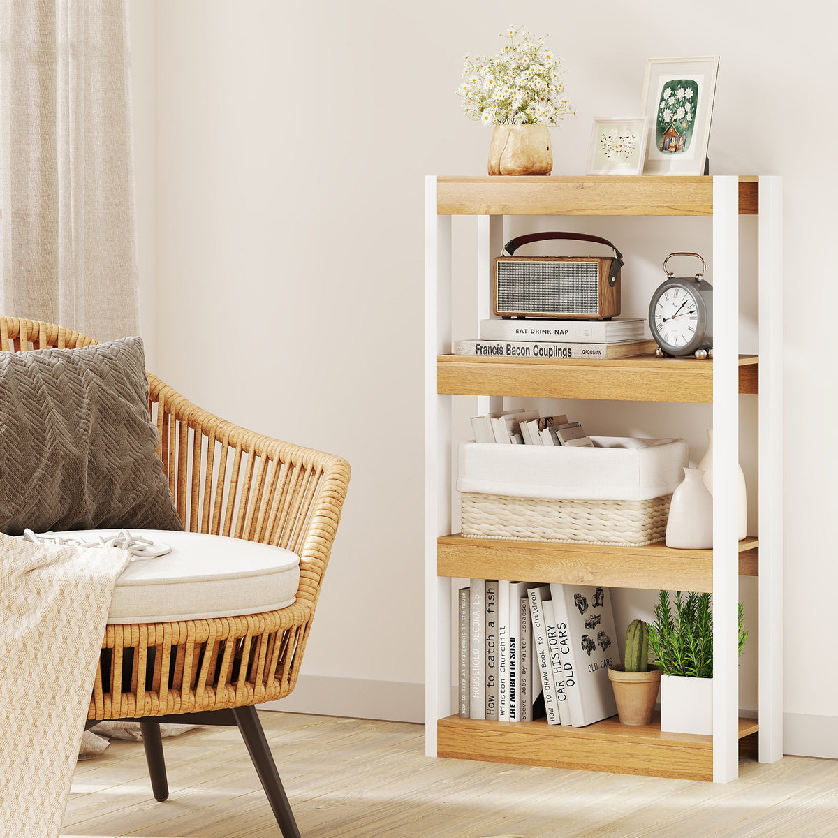 4 Tier Bookshelf Wooden Bookcase with Dual Anti-Tipping Kits-Natural-Bookcases-DECOROLALA