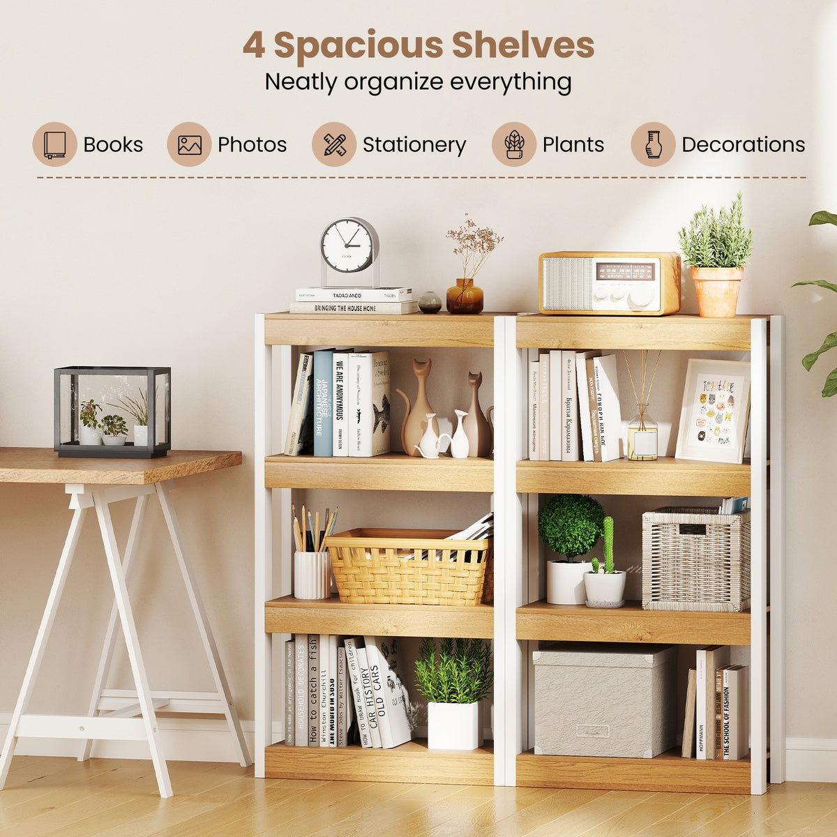 4 Tier Bookshelf Wooden Bookcase with Dual Anti-Tipping Kits-Natural-Bookcases-DECOROLALA