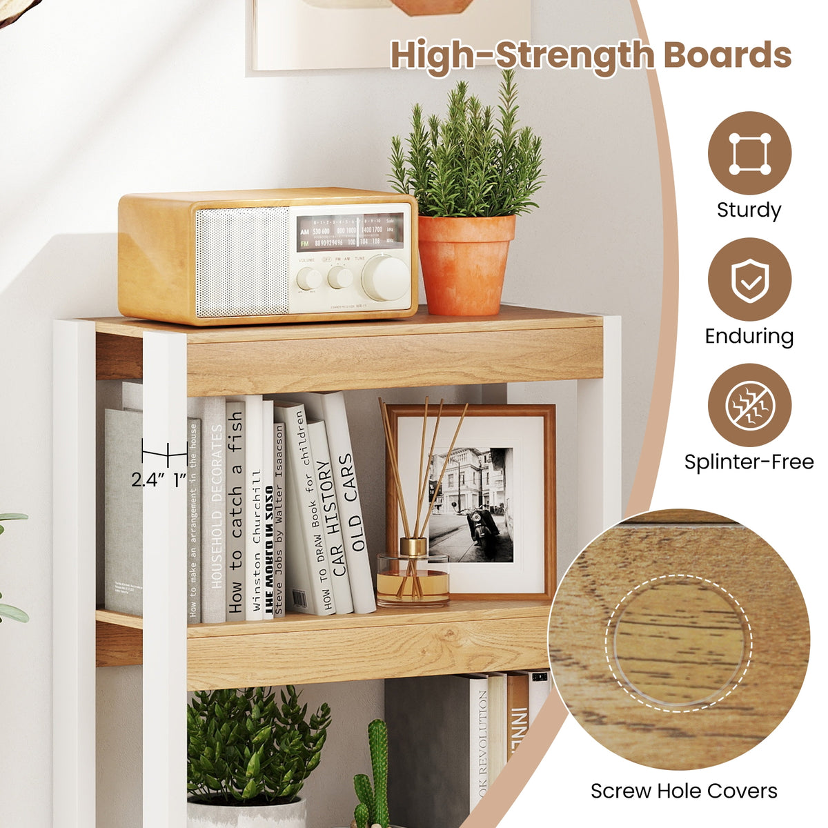 4 Tier Bookshelf Wooden Bookcase with Dual Anti-Tipping Kits-Natural-Bookcases-DECOROLALA