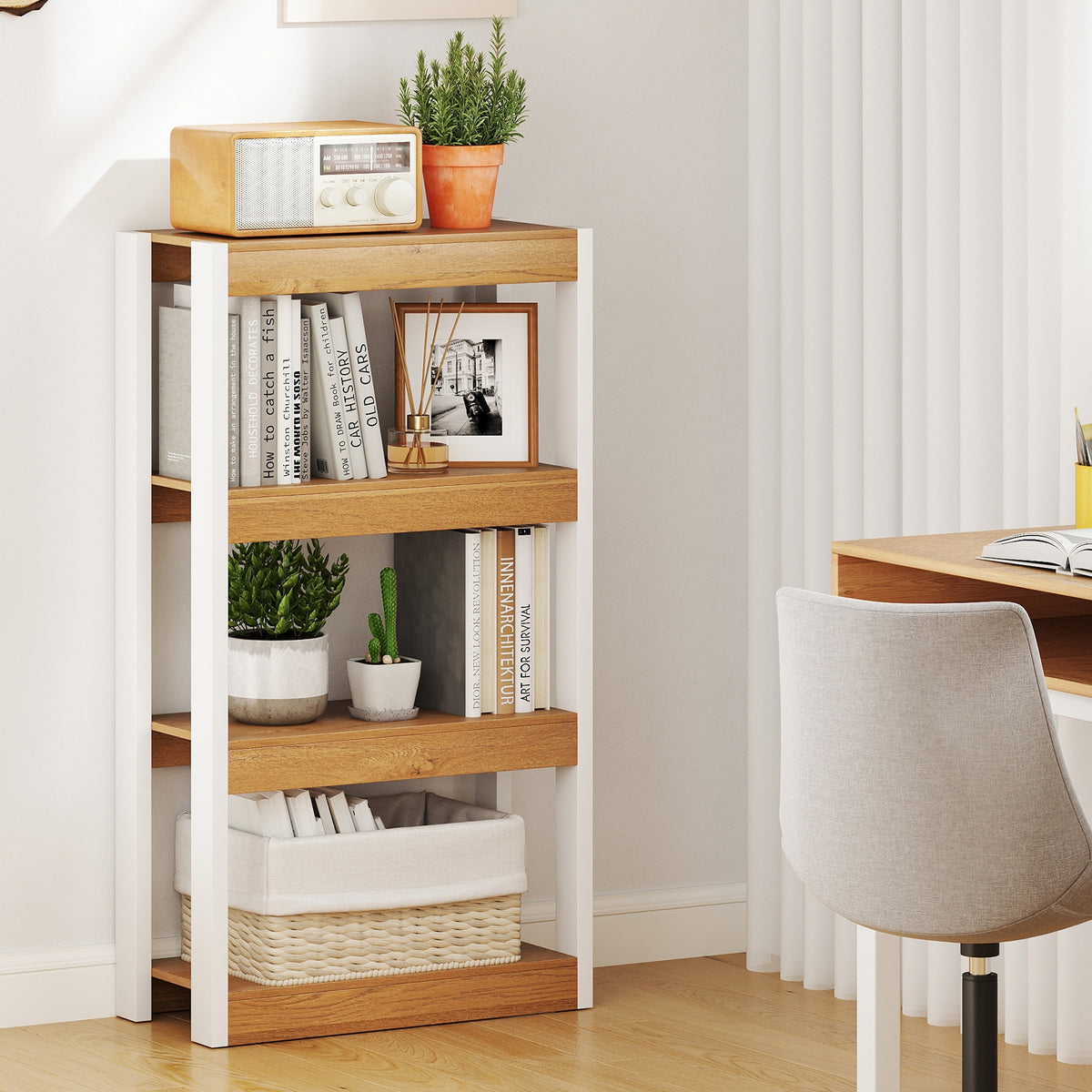 4 Tier Bookshelf Wooden Bookcase with Dual Anti-Tipping Kits-Natural-Bookcases-DECOROLALA