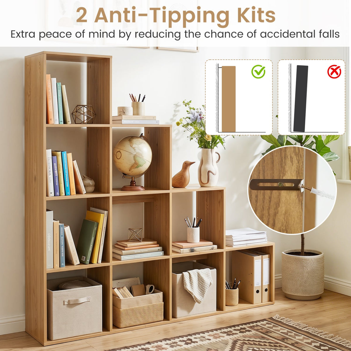 4-Tier Bookshelf with 2 Anti-Tipping Kits for Home Office-Natrual-Bookcases-DECOROLALA
