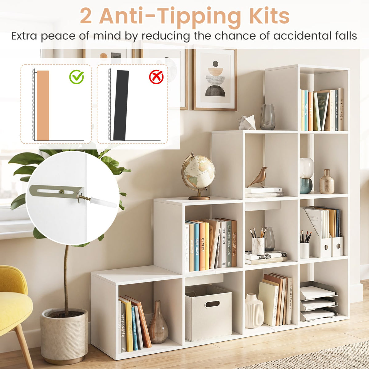 4-Tier Bookshelf with 2 Anti-Tipping Kits for Home Office-White-Bookcases-DECOROLALA