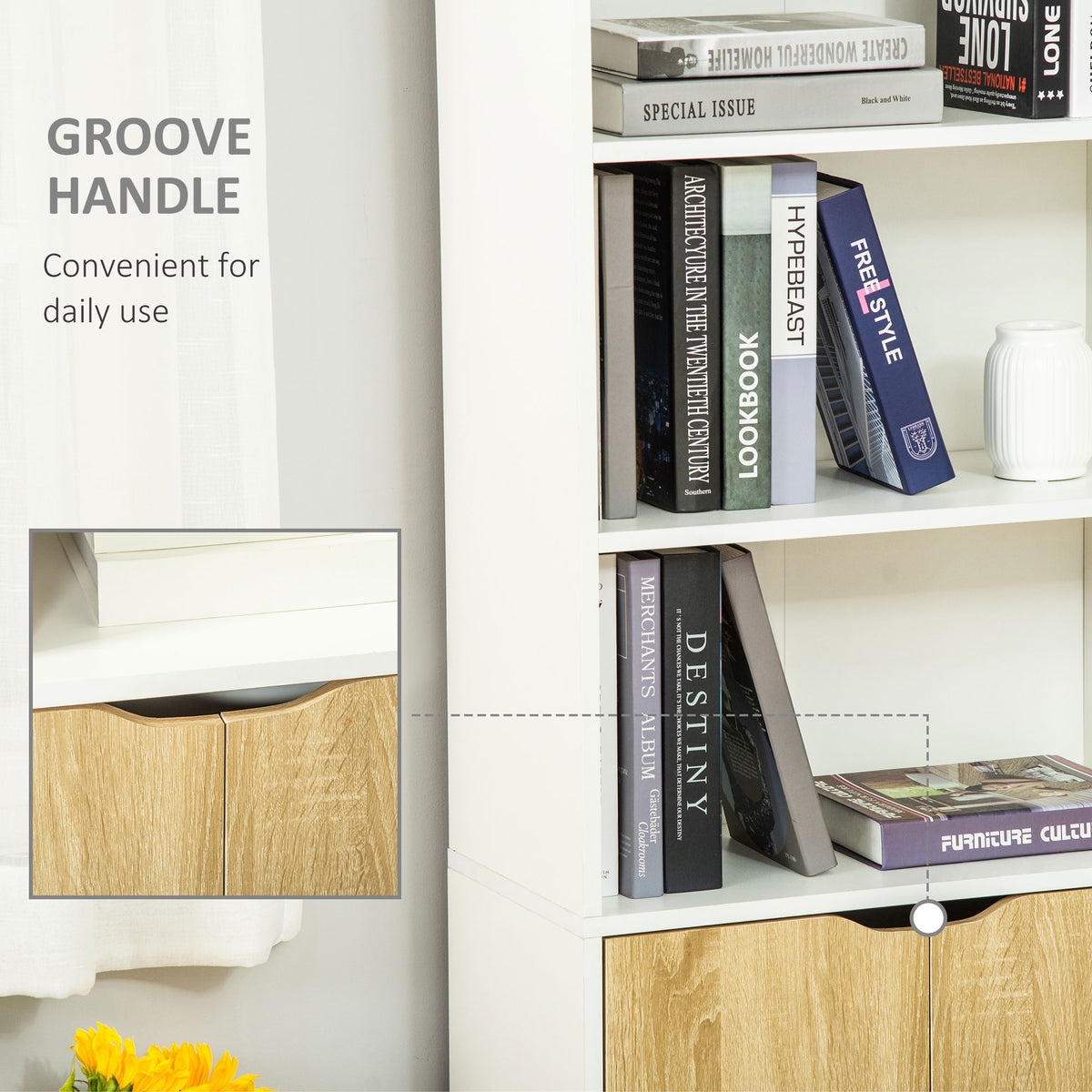4-Tier Bookshelf with Cabinet - Oak 71" Modern Bookcase-Home Furnishings > Storage & Organization > Bookshelves & Bookcases > White Bookshelves-DECOROLALA