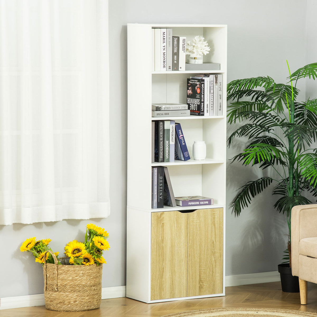 4-Tier Bookshelf with Cabinet - Oak 71" Modern Bookcase-Home Furnishings > Storage & Organization > Bookshelves & Bookcases > White Bookshelves-DECOROLALA
